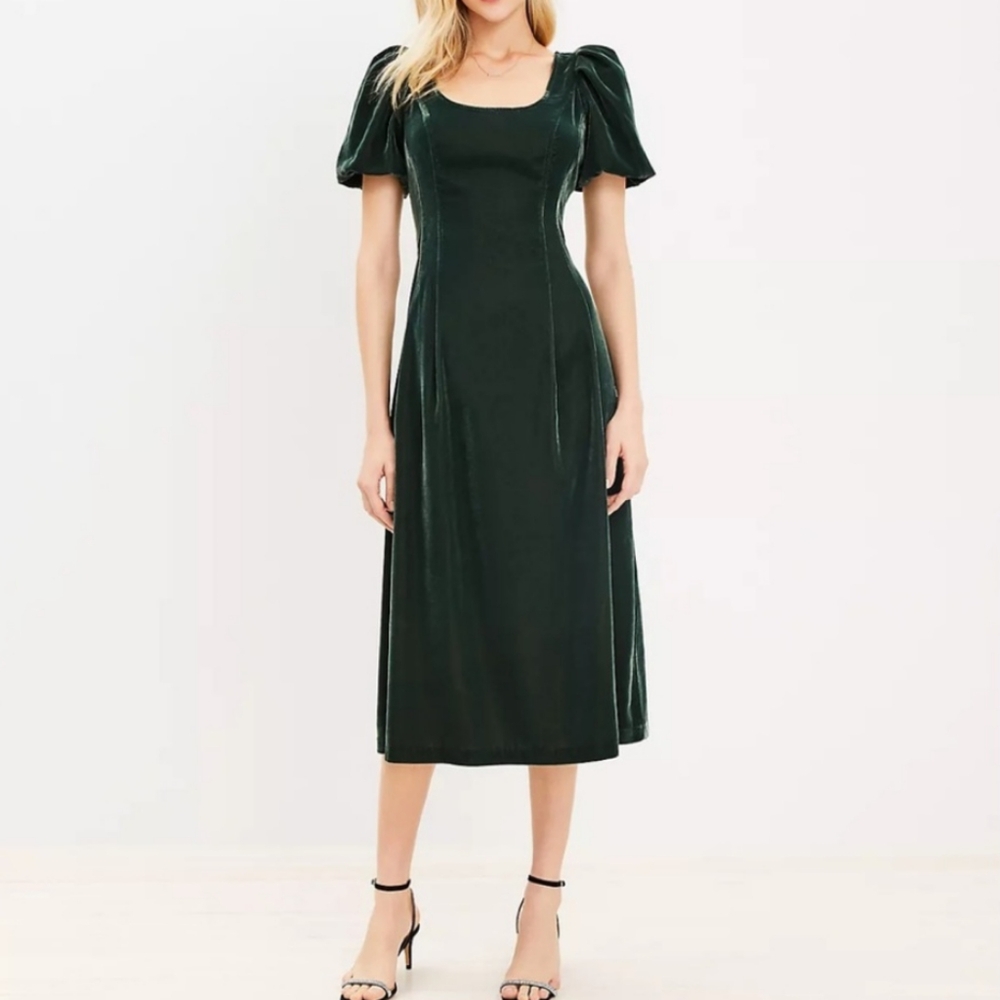 LOFT Velvet Midi Dress Women's 10 Green Office Career Retro 90s Y2K Event Office